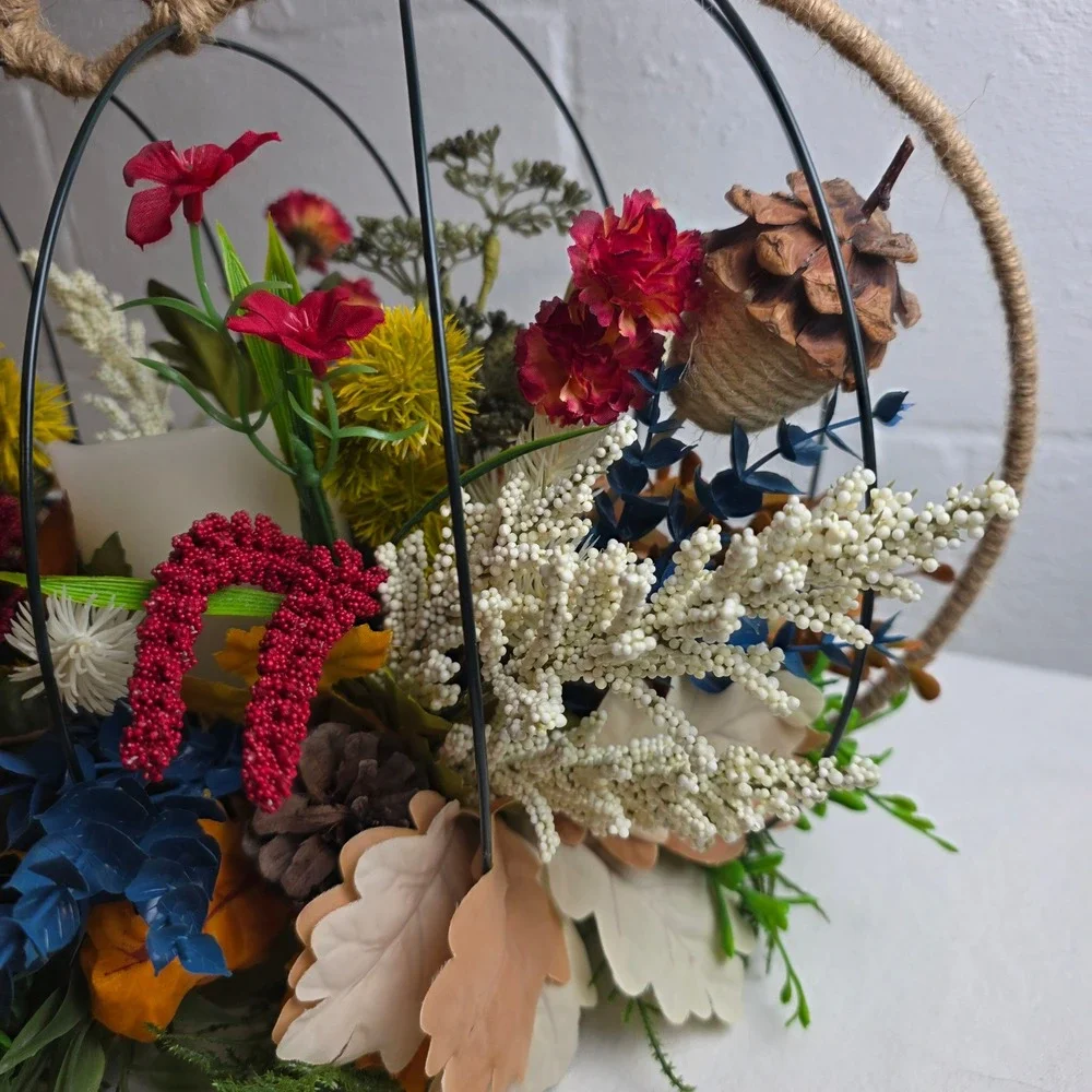 Rustic Fall Wire 3D Pumpkin Centerpiece Faux Florals Flameless Candle
